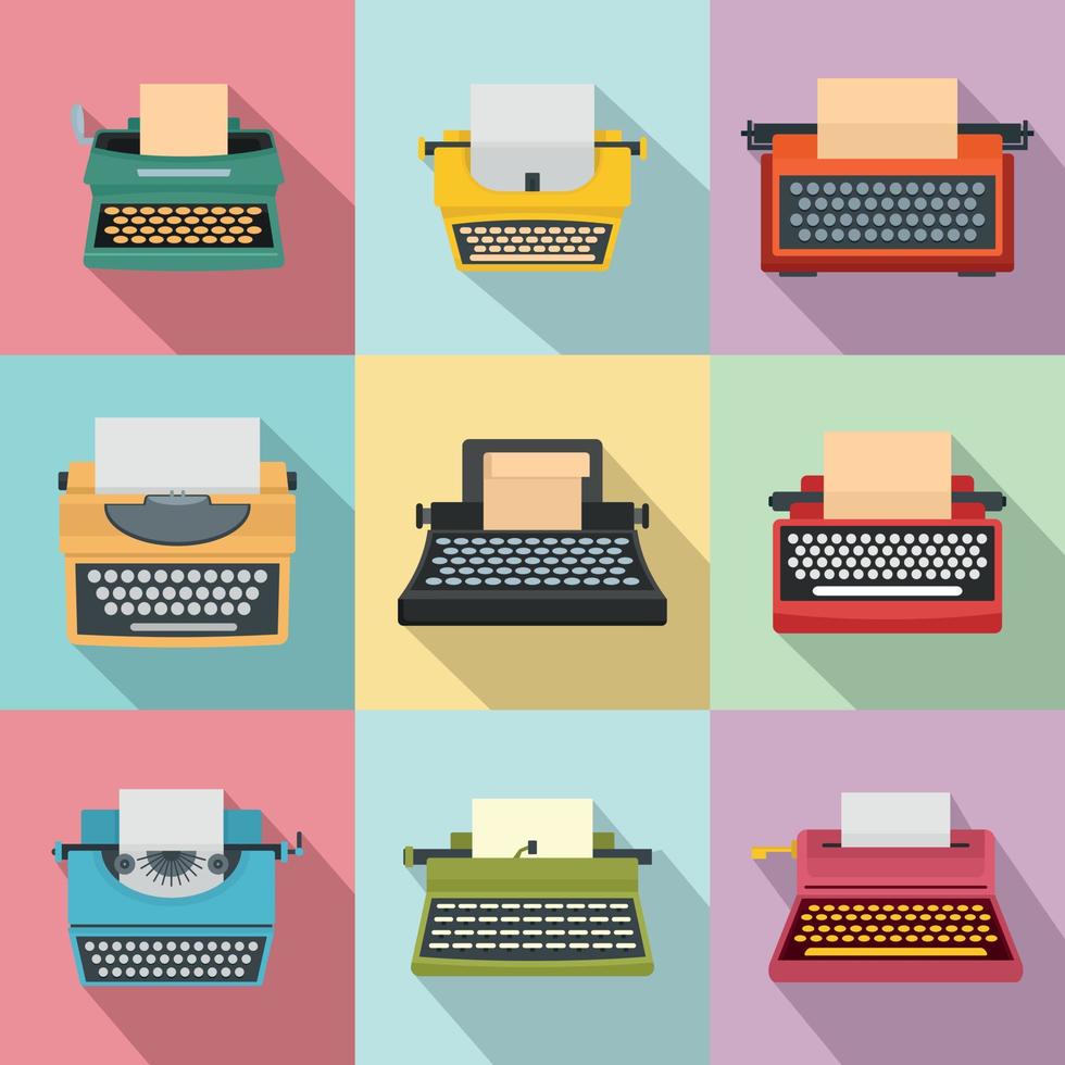 Typewriter machine keys old icons set, flat style vector