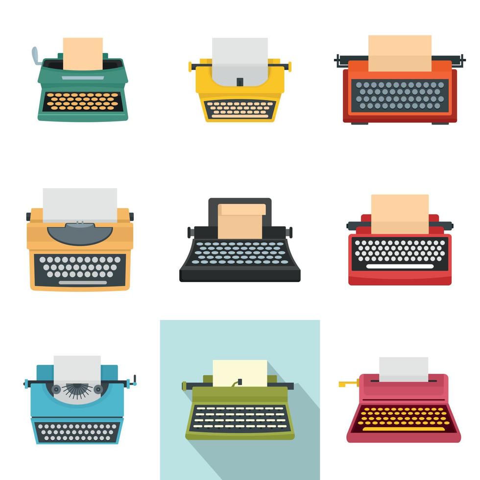 Typewriter machine keys old icons set, flat style vector