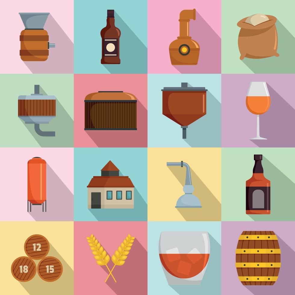 conjunto de iconos de vidrio de botella de whisky, estilo plano vector