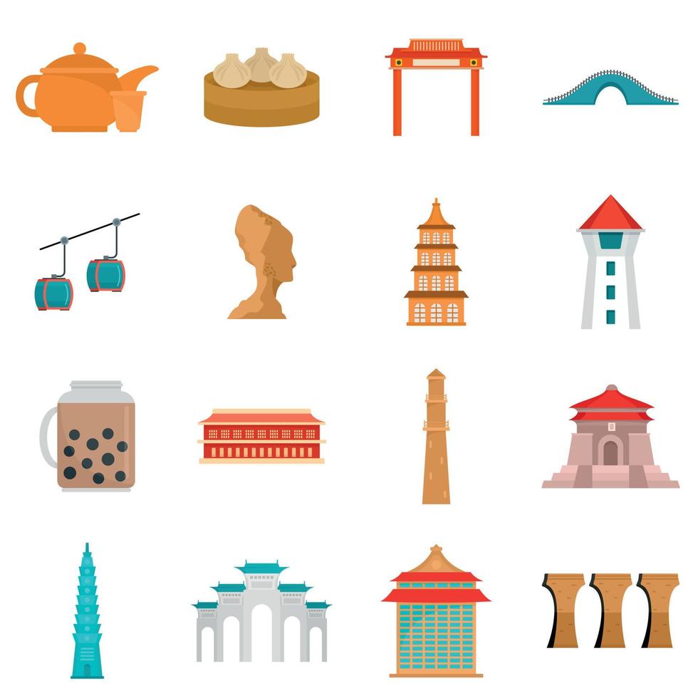 Taipei taiwan city skyline icons set, flat style vector