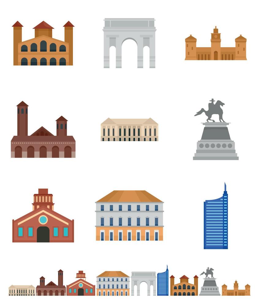 Milan Italy city skyline icons set, flat style vector