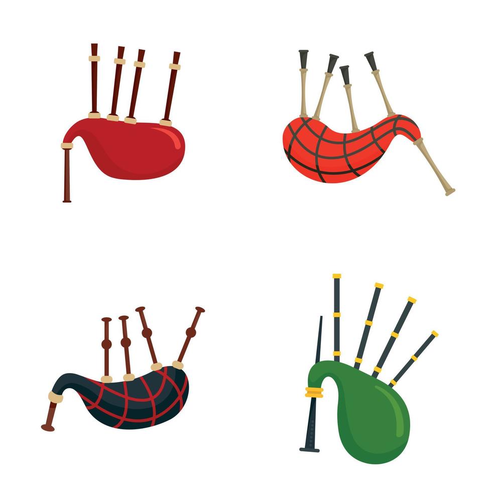 Bagpipes scotland scottish icons set, flat style vector