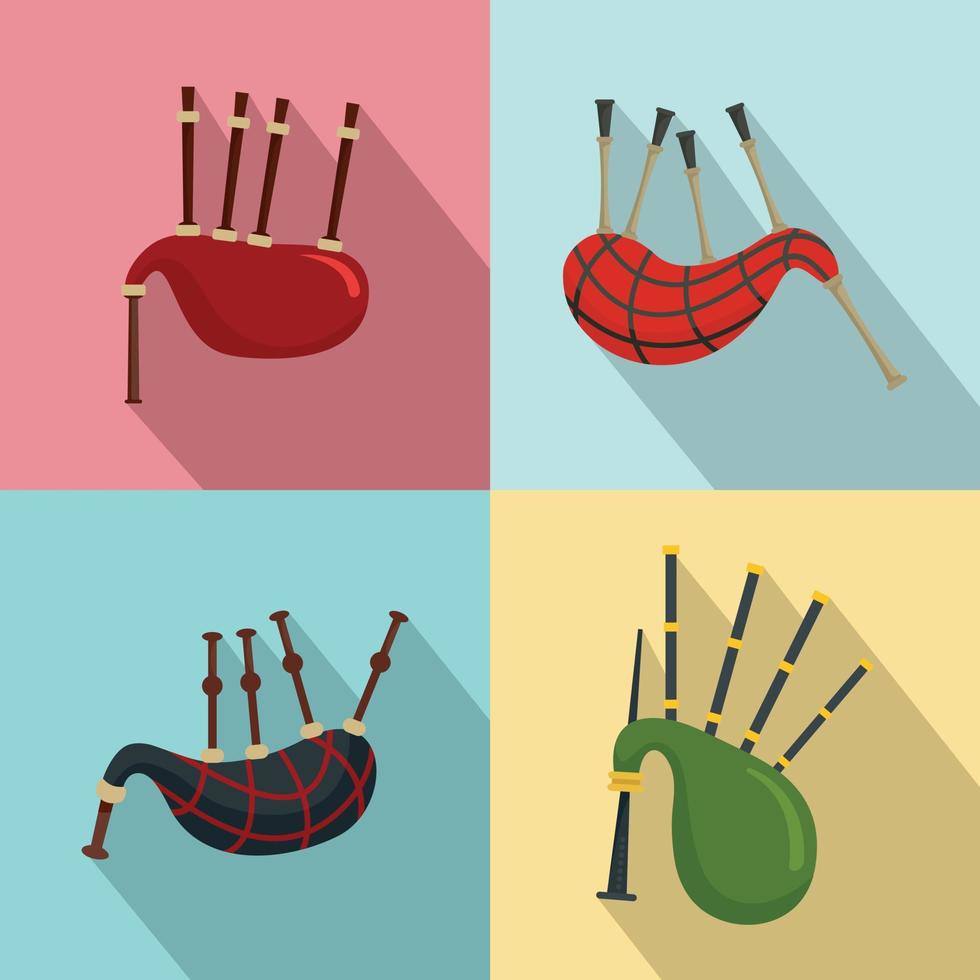Bagpipes scotland scottish icons set, flat style vector