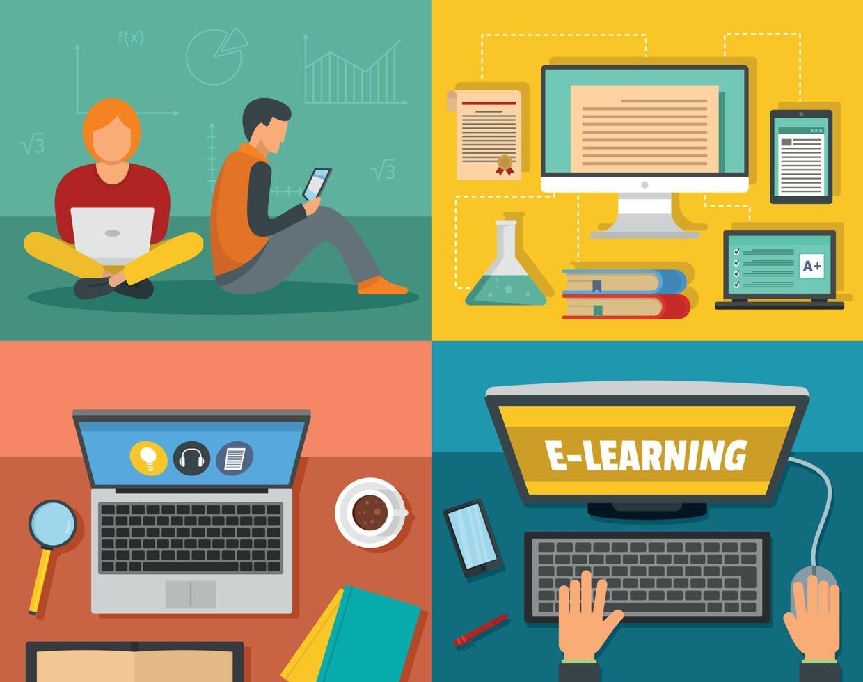 E-learning training banner concept set, flat style vector