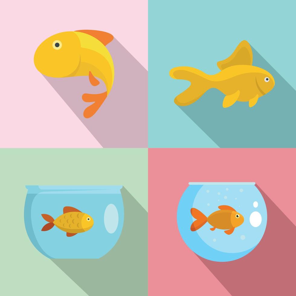 Goldfish and fishbowl icons set, flat style vector