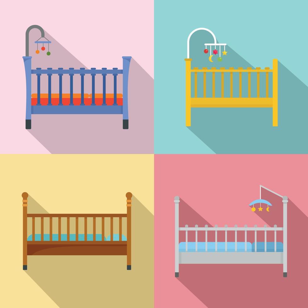 Baby crib cradle bed icons set, flat style vector