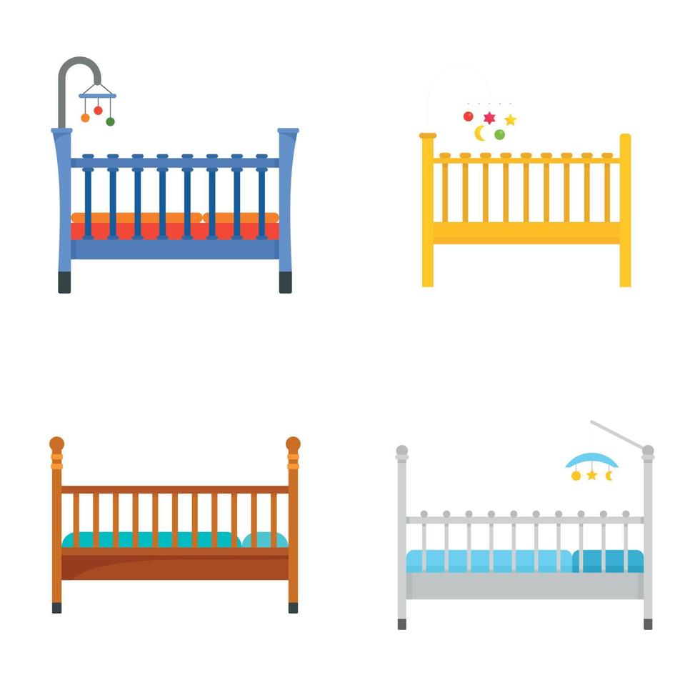 Baby crib cradle bed icons set, flat style vector