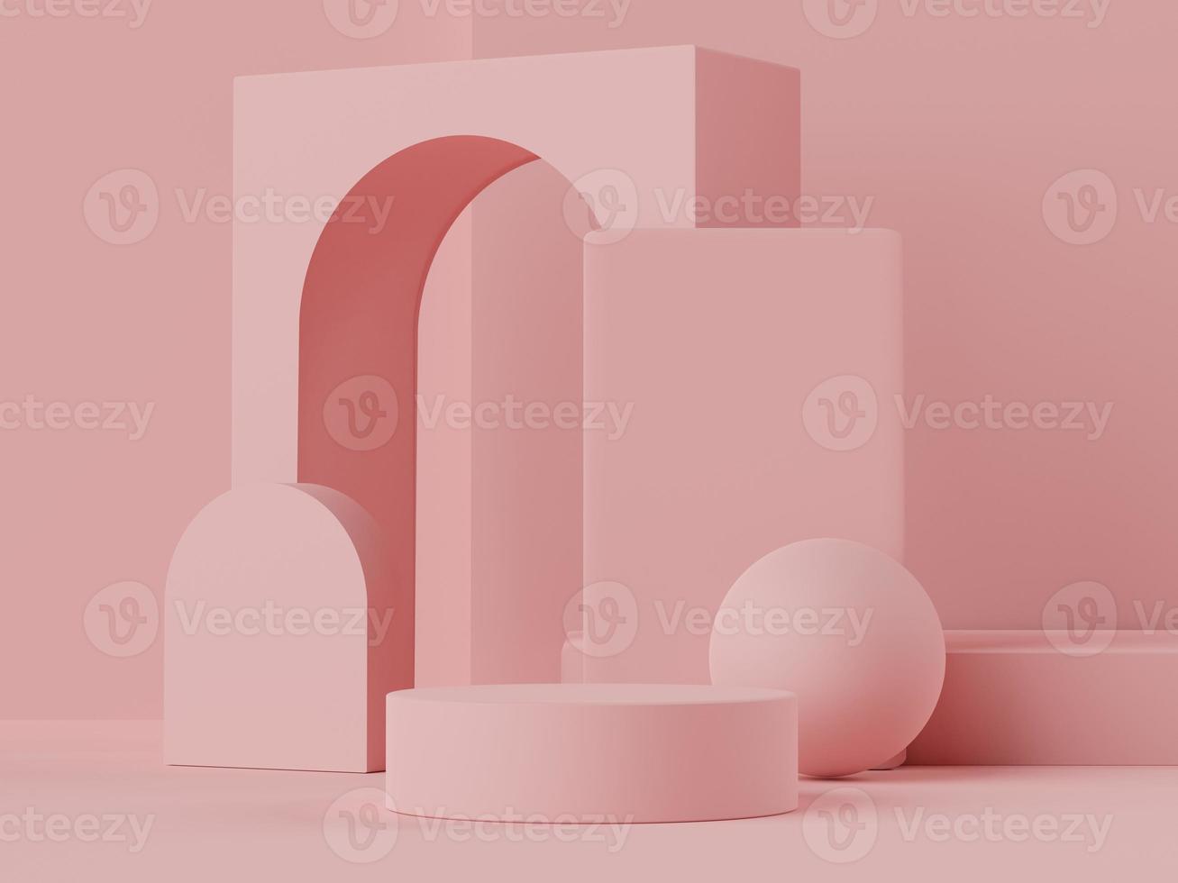 3d rendering of pastel minimal scene of white blank podium with earth tones theme. Muted saturated color. Simple geometric shapes design. photo