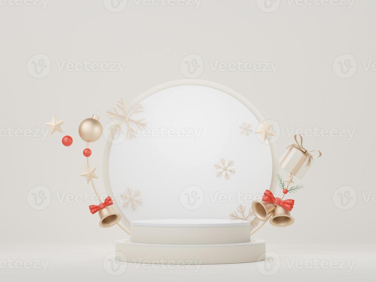 3d Display Podium for product and cosmetic presentation with Merry Christmas and Happy new year concept. Modern geometric. Platform for mock up and showing brand. Minimal clean design. photo