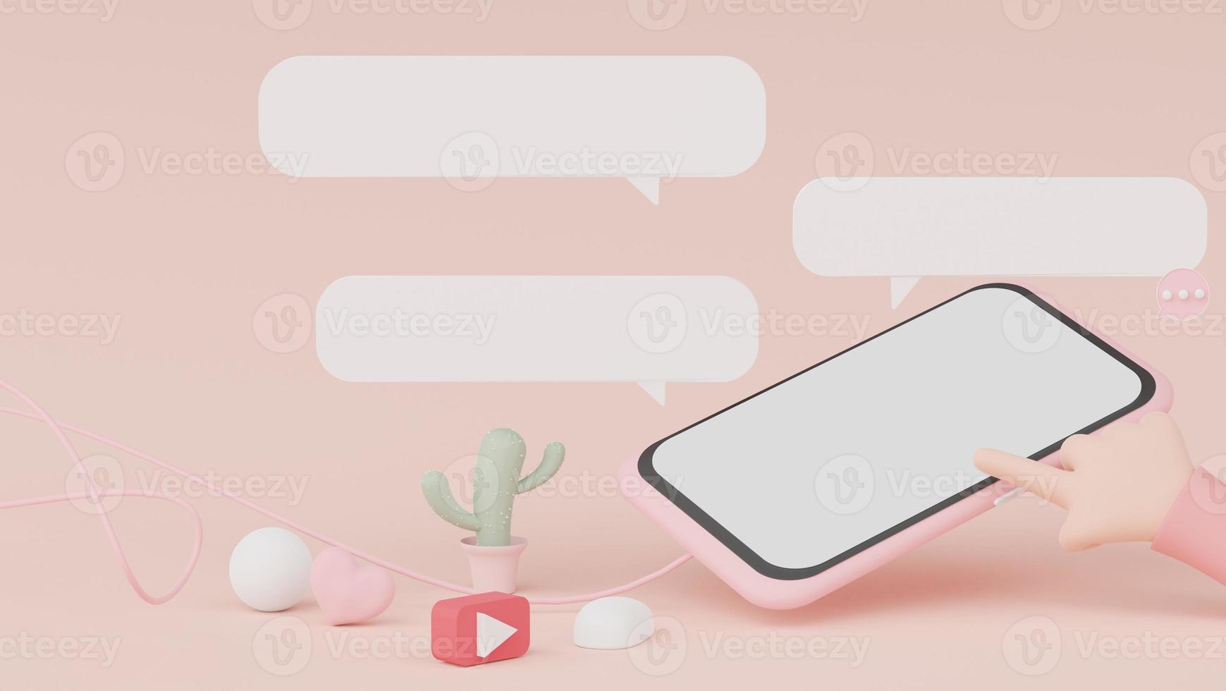 3d render Minimal pastel mini mobile phone for work and hand touching on screen with white copy space for mock up and creative design. Blank Bubble or chat box for design. Shopping online concept. photo