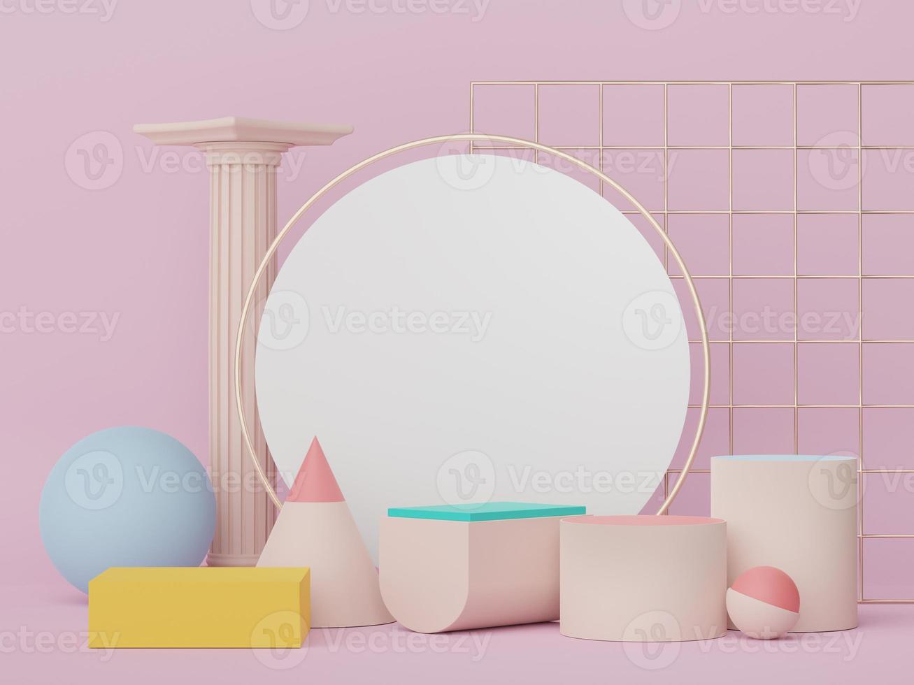 Abstract display podium with minimal geometric shapes design. 3d  rendering scene for mock up and product presentation. Pedestal platform for cosmetic advertise. photo