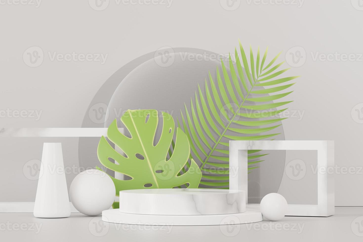 3d render of abstract pedestal podium display with Tropical Monstera leaves. Product and promotion concept for advertising. Green natural background. photo