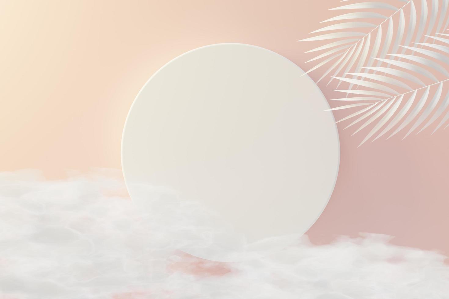3d render top view of white blank cylinder frame for mock up and display products with palm leaves and clouds background. Creative idea concept. photo