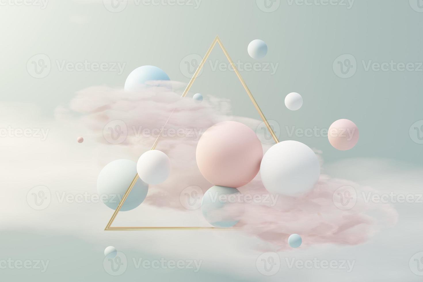 3d render of pastel ball, soaps bubbles, blobs that floating on the air with fluffy clouds and ocean. Romance land of dream scene. Natural abstract dreamy sky. photo