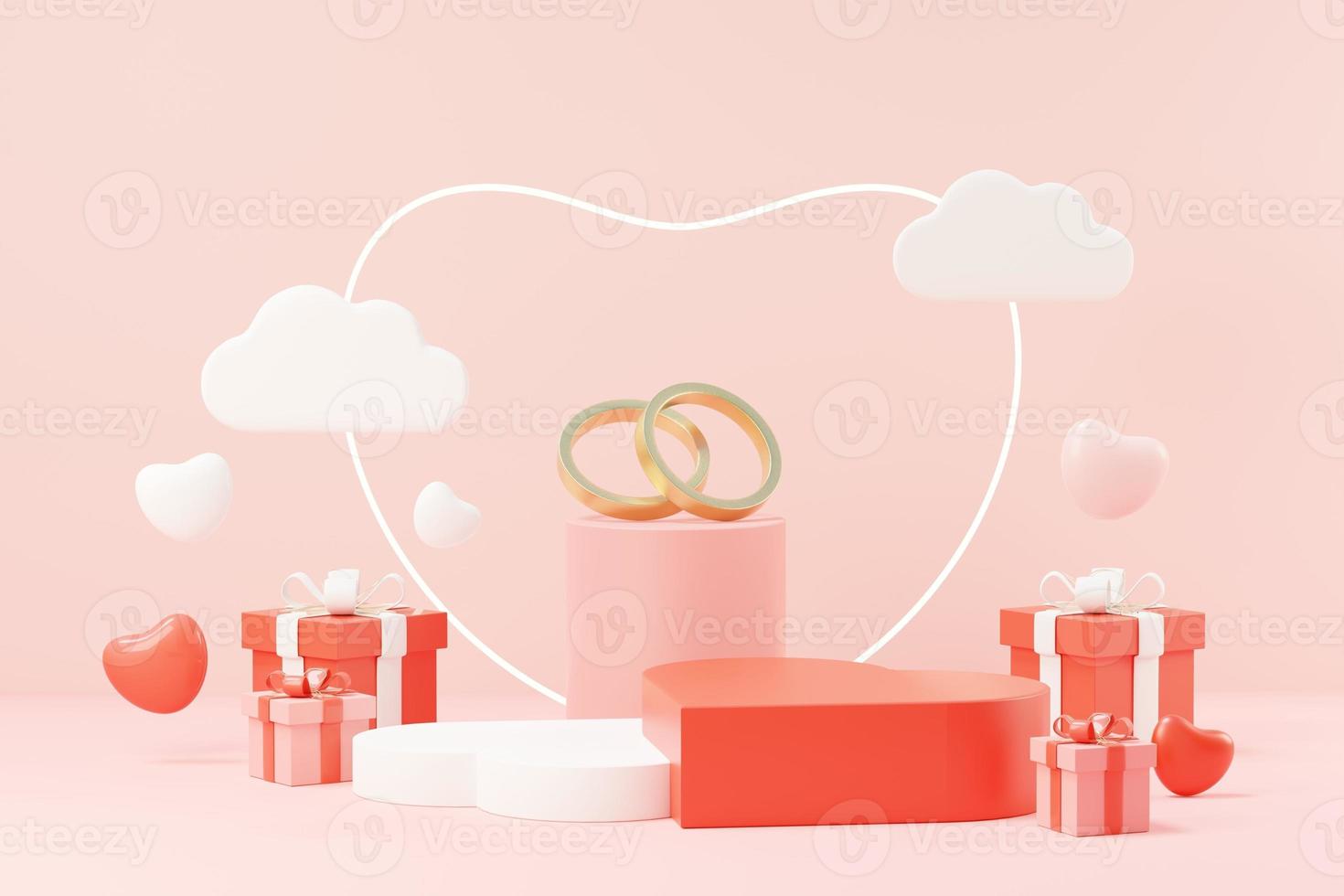 3d render minimal sweet scene with display podium for mock up and product brand presentation. Pink Pedestal stand for Valentine's Day's theme. Cute lovely heart background. Love day's design style. photo