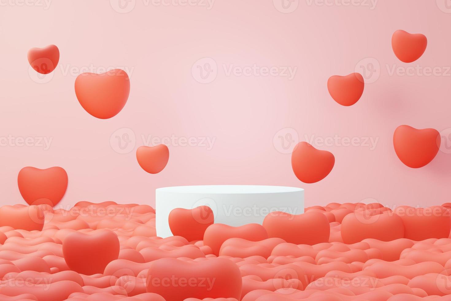 3d render minimal sweet scene with display podium for mock up and product brand presentation. Pink Pedestal stand for Valentine's Day's theme. Cute lovely heart background. Love day's design style. photo
