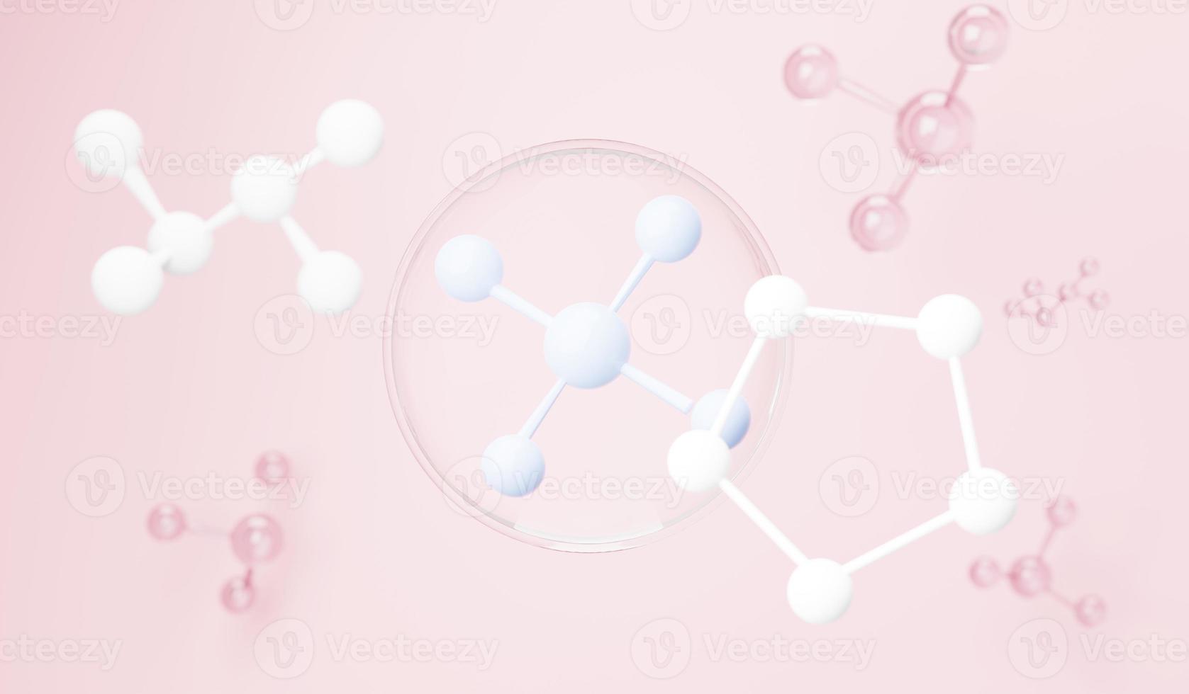 3d render of simple chemical bond in side cell or molecules. The associated of atoms, ions, bond and molecules. Liquid drop bubble background. Covalent bond. Biochemical interaction. photo