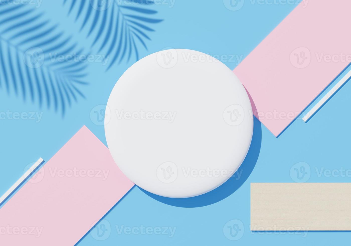 3d render top view of white blank cylinder frame for mock up and display products with shadows of palm leaves, earth tone, and pastel wall background. Creative idea concept. Widow shadow. photo