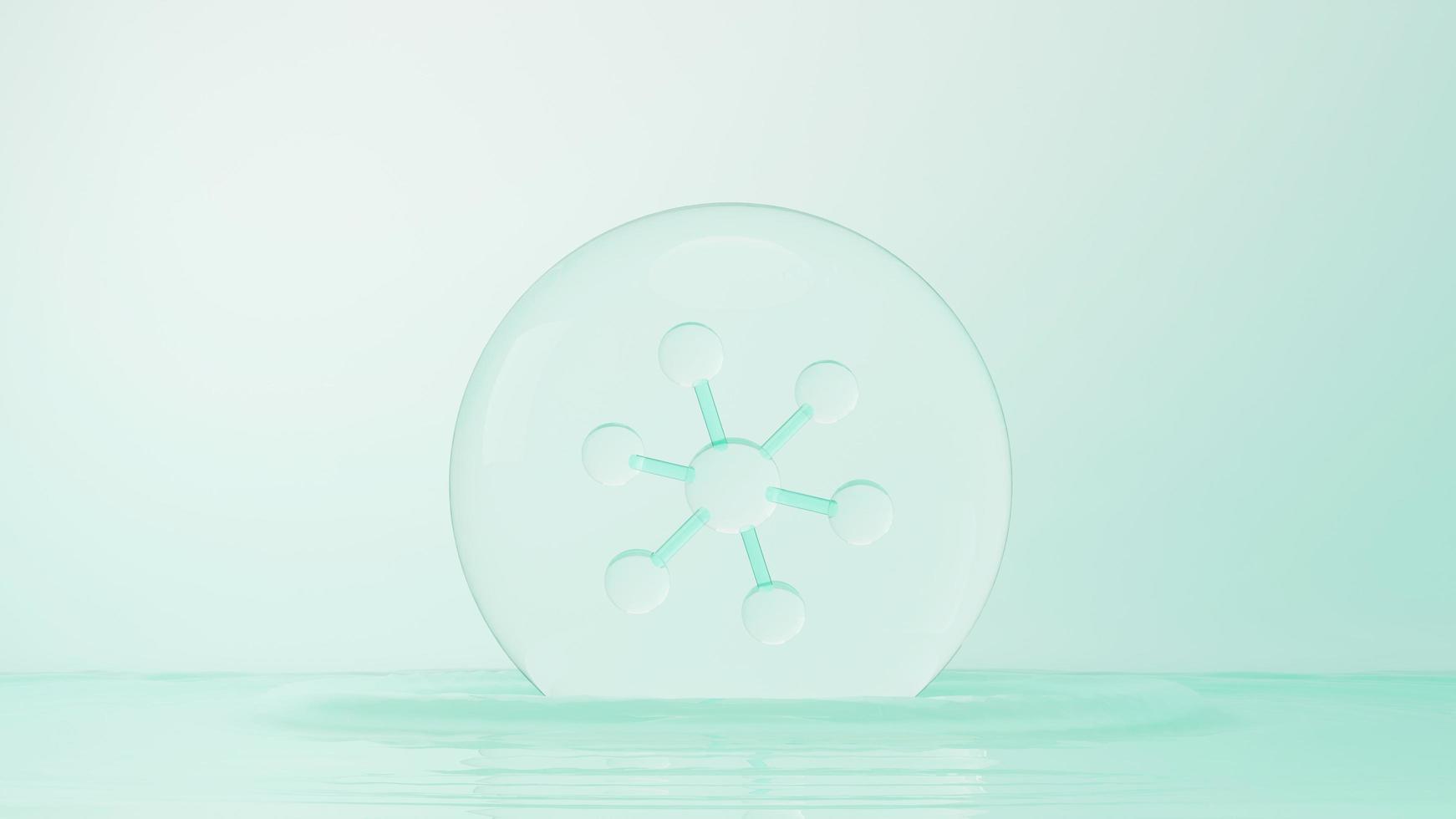 3d render of simple chemical bond in side cell or molecules. The associated of atoms, ions, bond and molecules. Liquid drop bubble background. Covalent bond. Biochemical interaction. photo