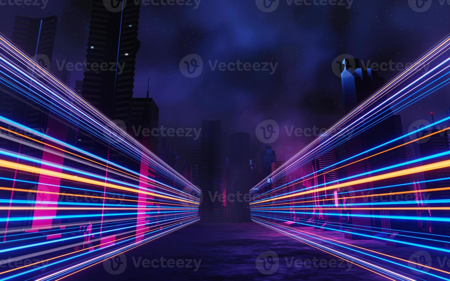 3d render of Cyber punk night city landscape concept. Light glowing on dark scene.  Night life. Technology network for 5g. Beyond generation and futuristic of Sci-Fi Capital city and building scene. photo