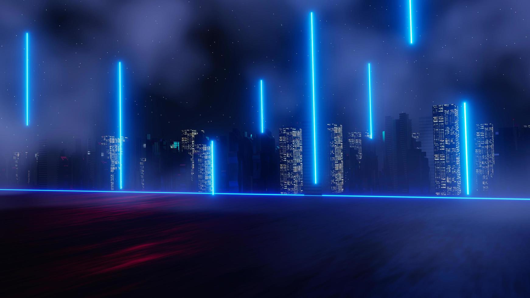 3d render of Cyber punk night city landscape concept. Light glowing on dark scene.  Night life. Technology network for 5g. Beyond generation and futuristic of Sci-Fi Capital city and building scene. photo