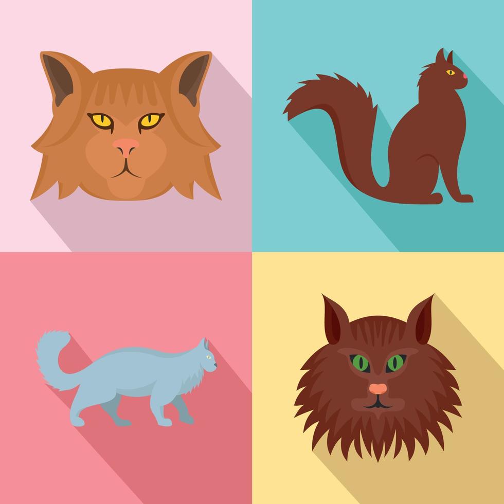 Maine coon cat profile icons set, flat style vector