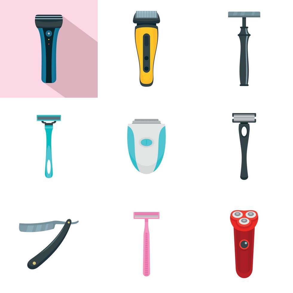 Shaver blade razor personal icons set, flat style vector
