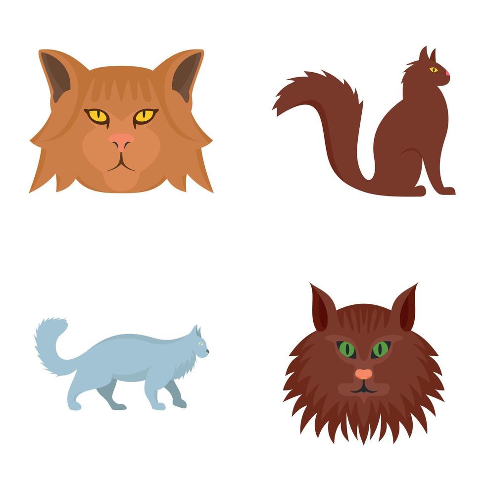 Maine coon cat profile icons set, flat style vector