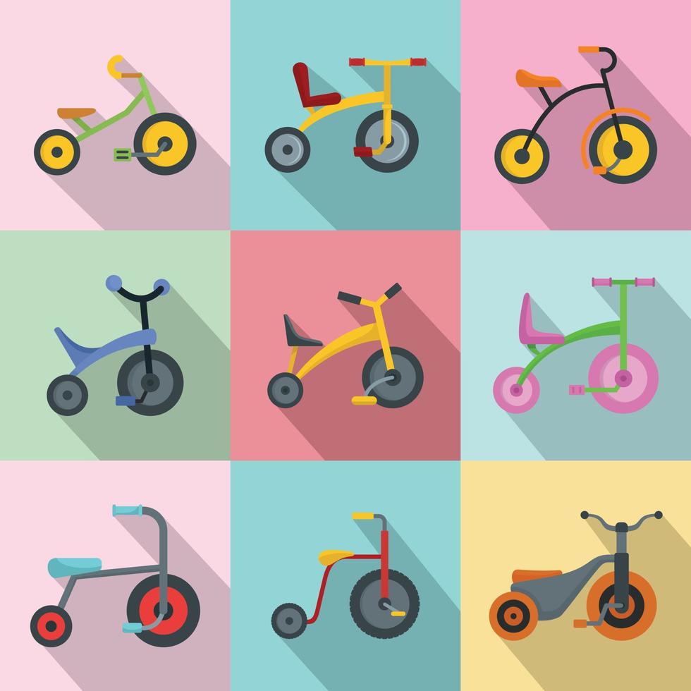 Conjunto de iconos de rueda de bicicleta triciclo, estilo plano vector