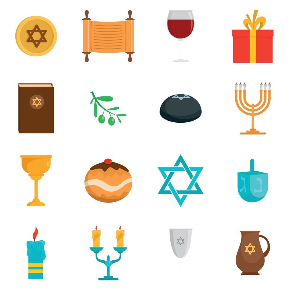 Chanukah jewish holiday icons set, flat style vector
