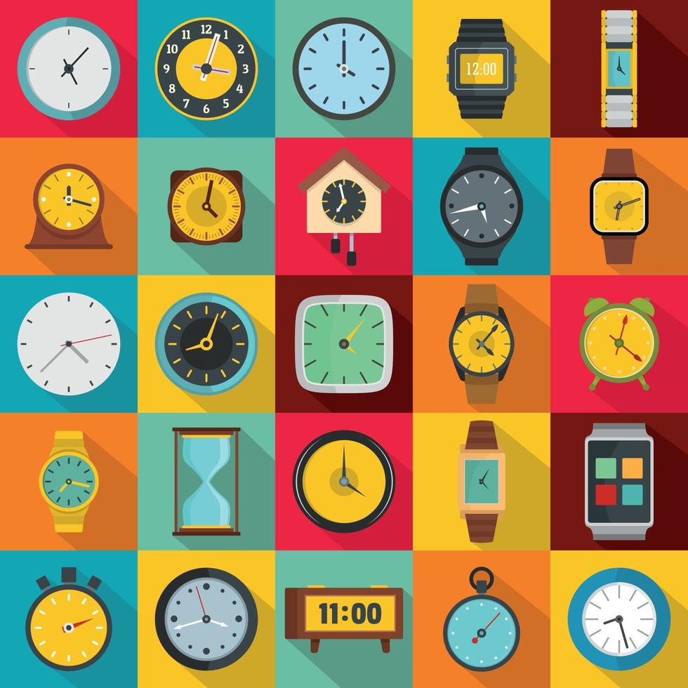 Conjunto de iconos de tiempo y reloj, estilo plano vector