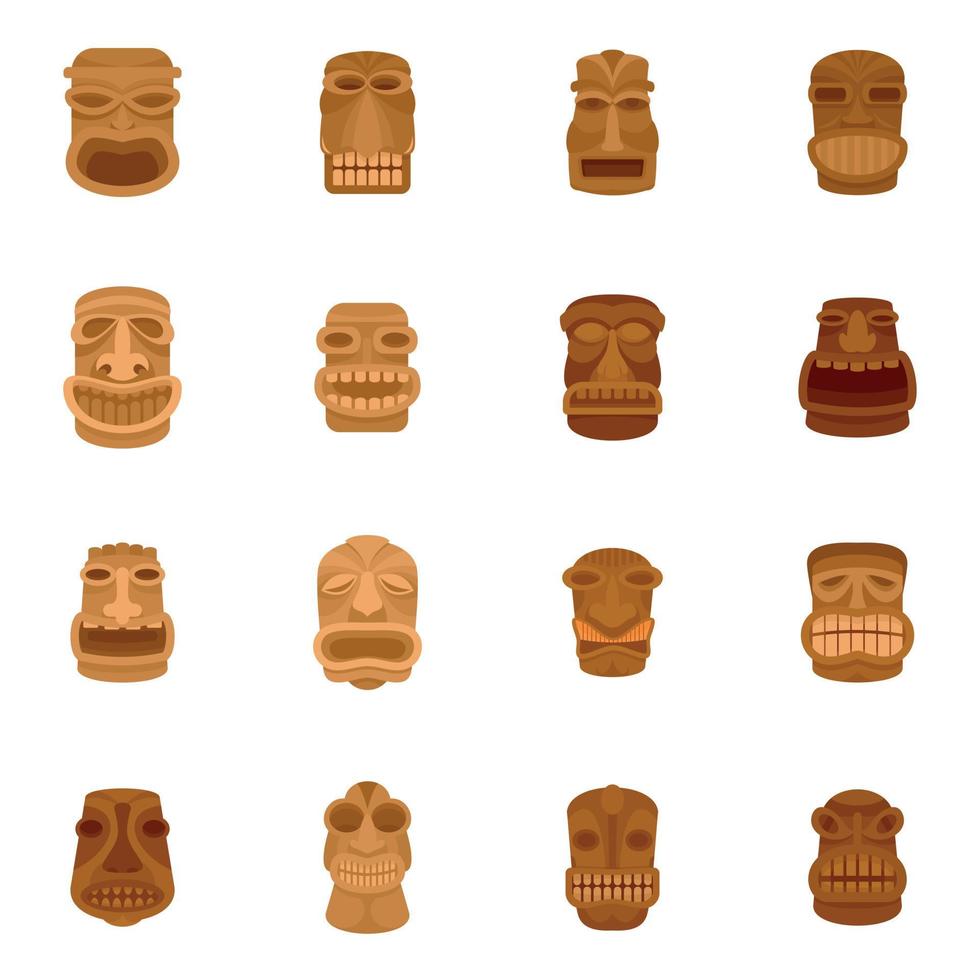 Tiki idol aztec hawaii face icons set, flat style vector