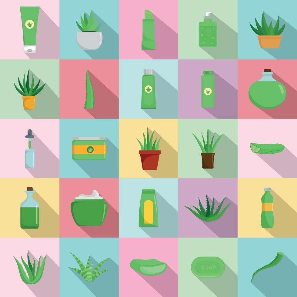 Aloe vera plant logo icons set, flat style vector