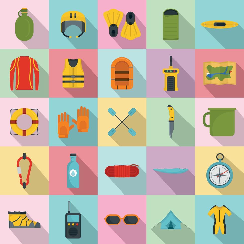 Rafting kayak water canoe icons set, flat style vector