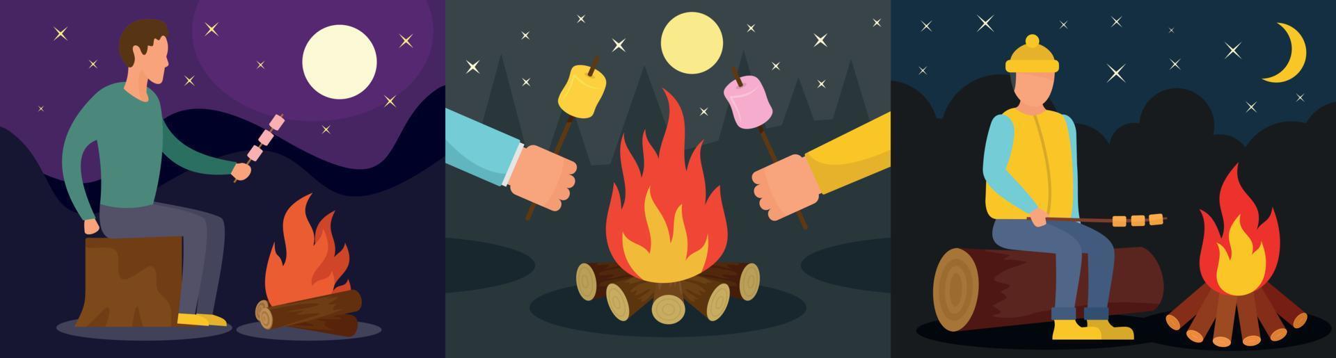 Marshmallow bonfire banner concept set, flat style vector