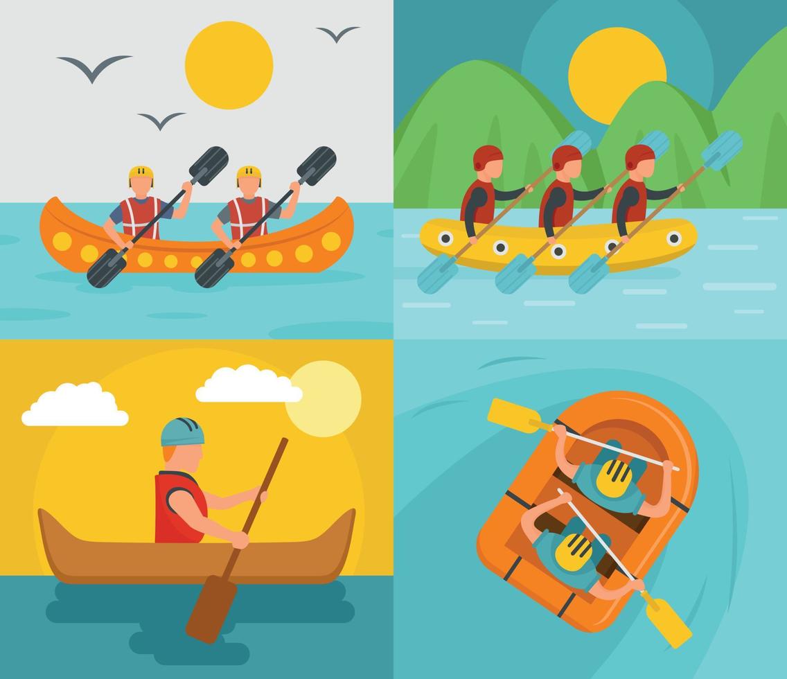 Rafting kayak canoe banner concept set, flat style vector