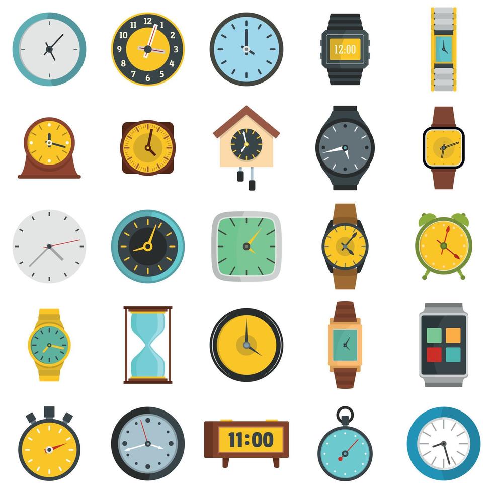Time and clock icons set, flat style vector