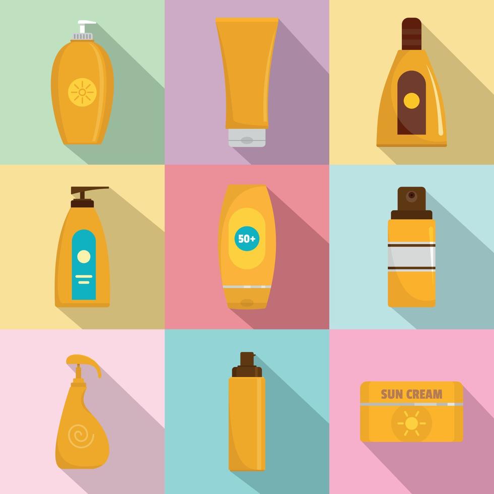 Sunscreen protection bottle icons set, flat style vector