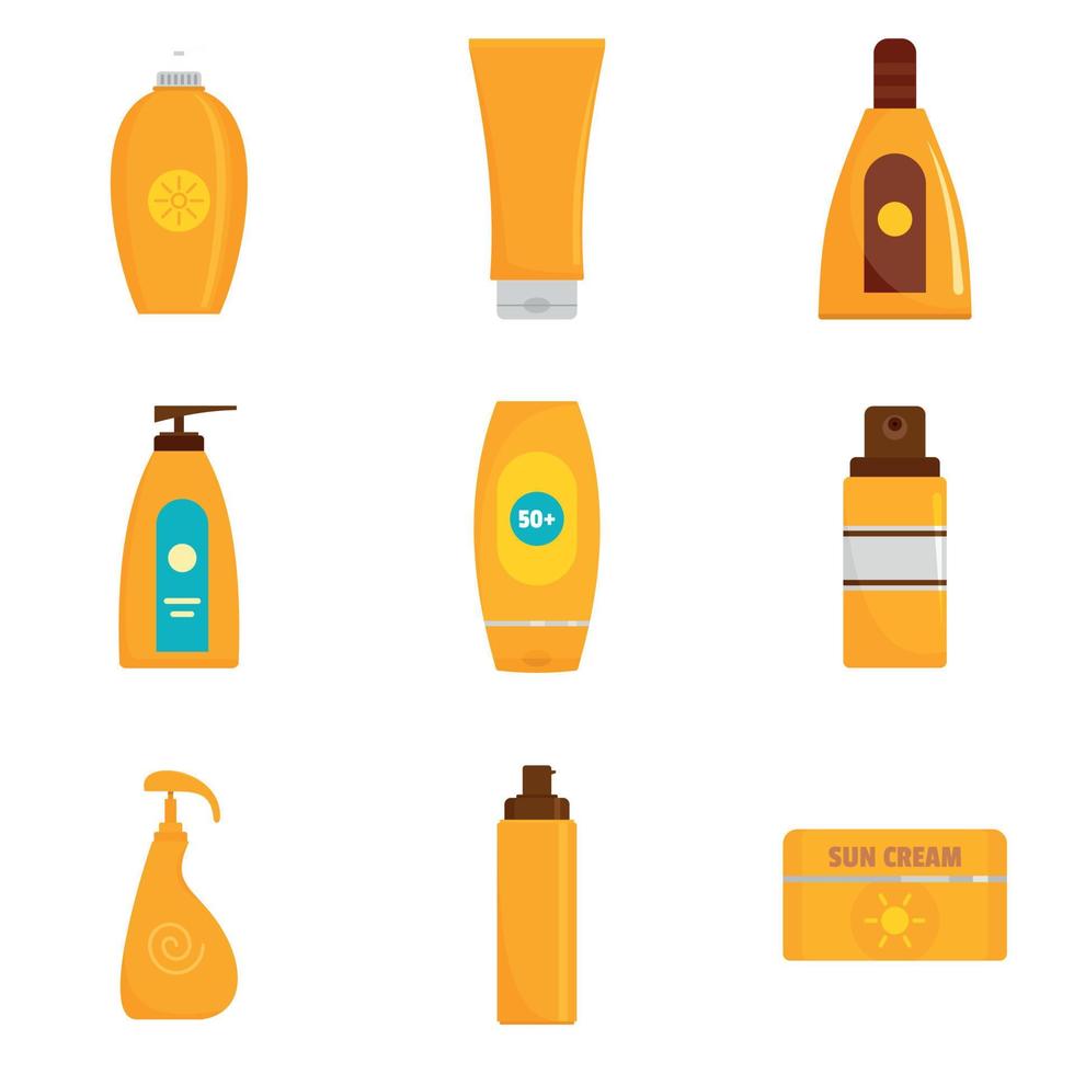 Sunscreen protection bottle icons set, flat style vector