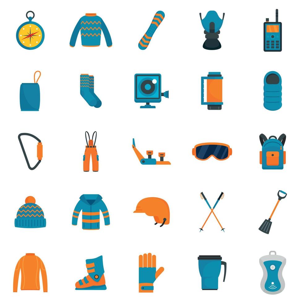 Snowboard equipment winter icons set, flat style vector