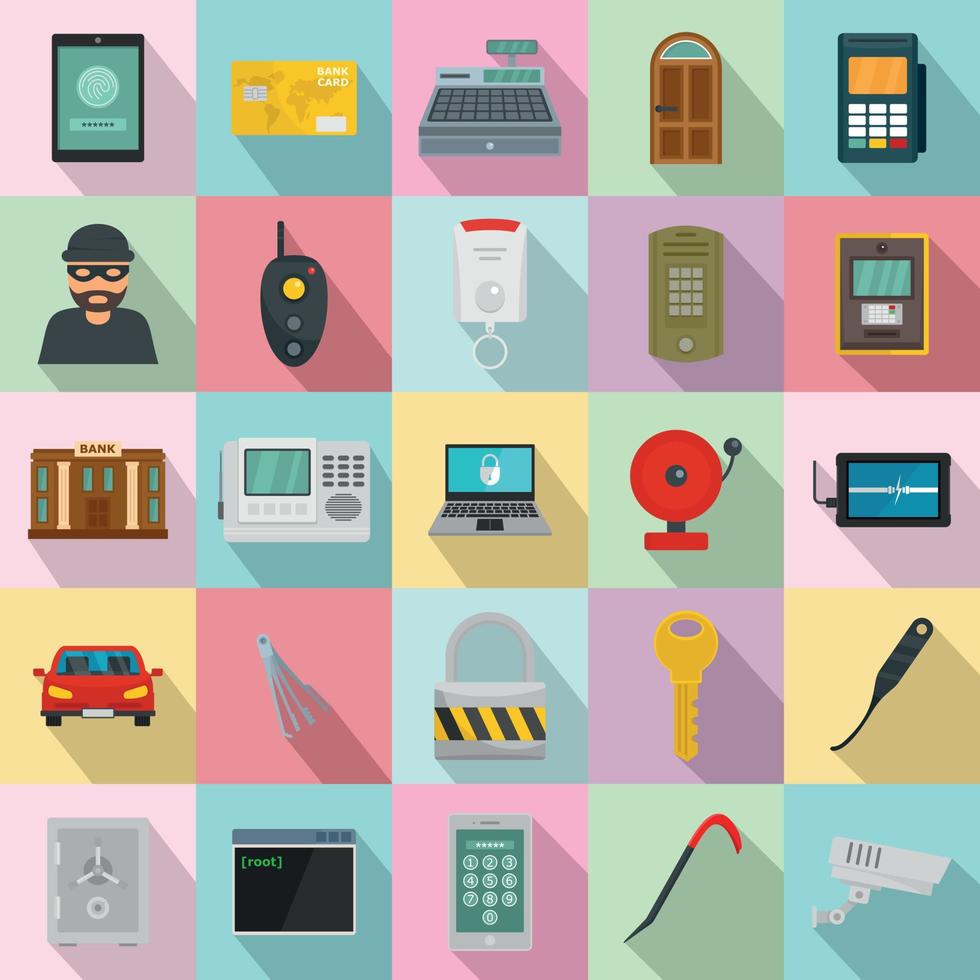 Burglar robber plunderer icons set, flat style vector