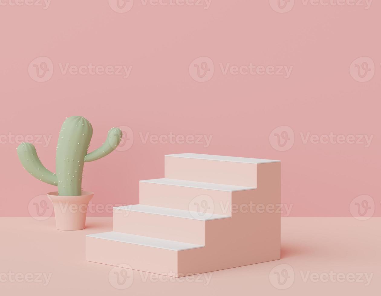 3d render of Abstract minimal  display podium for showing products, cosmetic presentation and mock up with Cactus trees. Showcase scene with pastel earth tone and tropical environment background. photo
