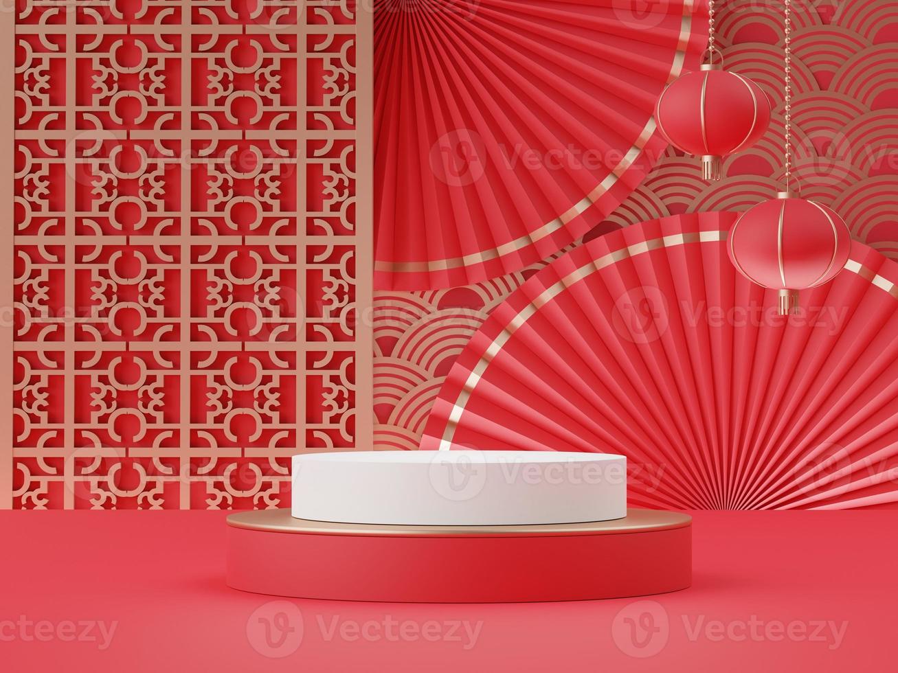 3d rendering of minimal scene of blank podium with Chinese lunar new year theme. Display stand for product presentation mock up. Chinese traditional texture. photo