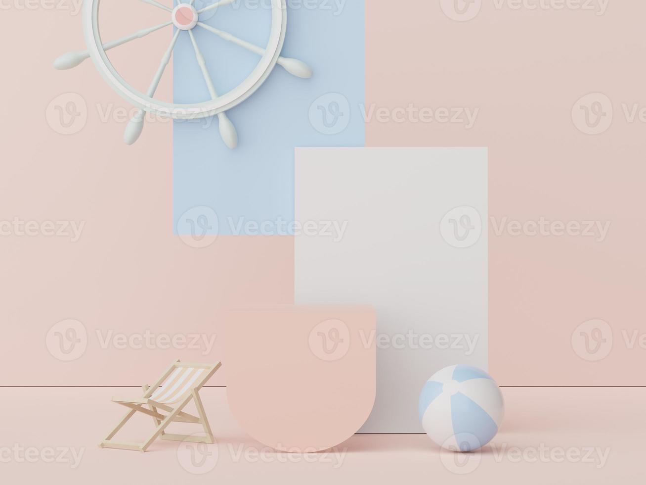 3d podium stand for product presentation with summer concept. Pedestal platform for cosmetic advertising. Minimal summer vacation. photo