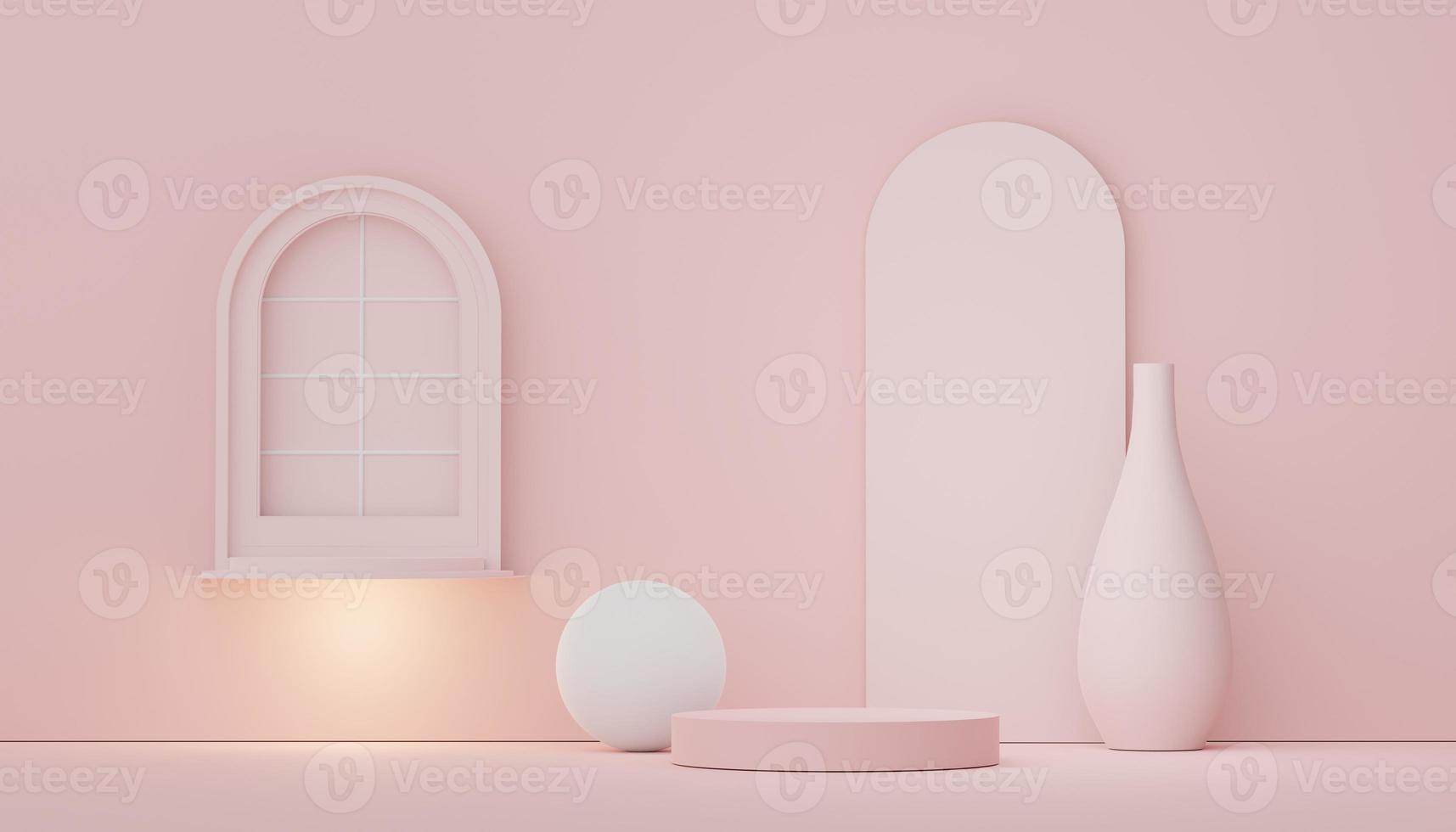 3d render of Abstract minimal  display podium for showing products, cosmetic presentation and mock up. Showcase scene with pastel earth tone background. Illuminated simple geometric shapes. photo