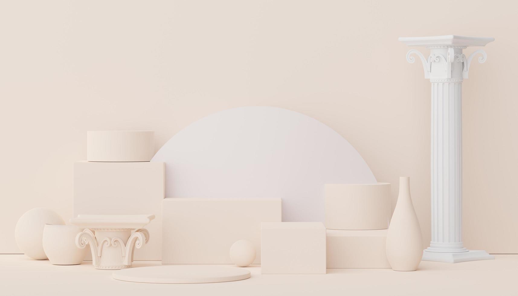 3d render of Abstract minimal  display podium with Greek Ancient baroque pillar background. Pedestal design for mock up and product presentation. Clean pastel color scene. photo