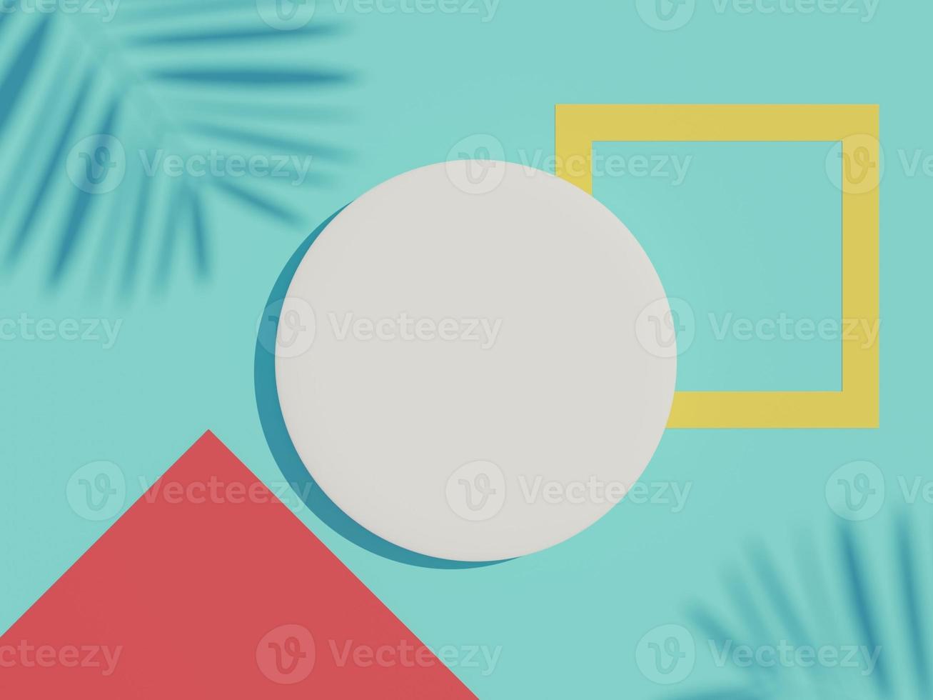 3d render top view of white blank cylinder frame for mock up and display products with shadows of palm leaves and earth tone background. photo