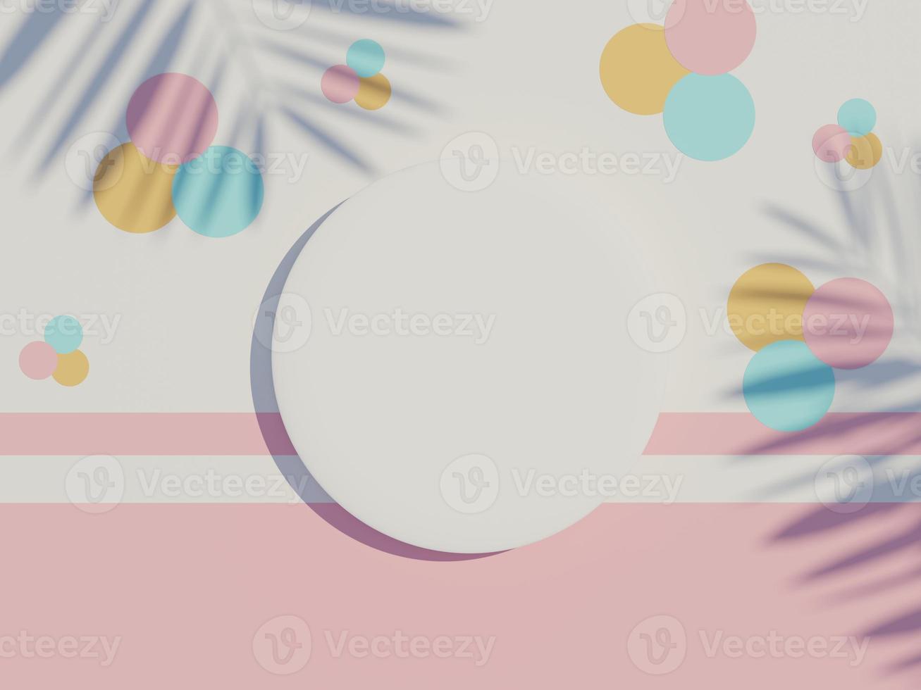 3d render top view of white blank cylinder frame for mock up and display products with shadows of palm leaves and earth tone background. photo