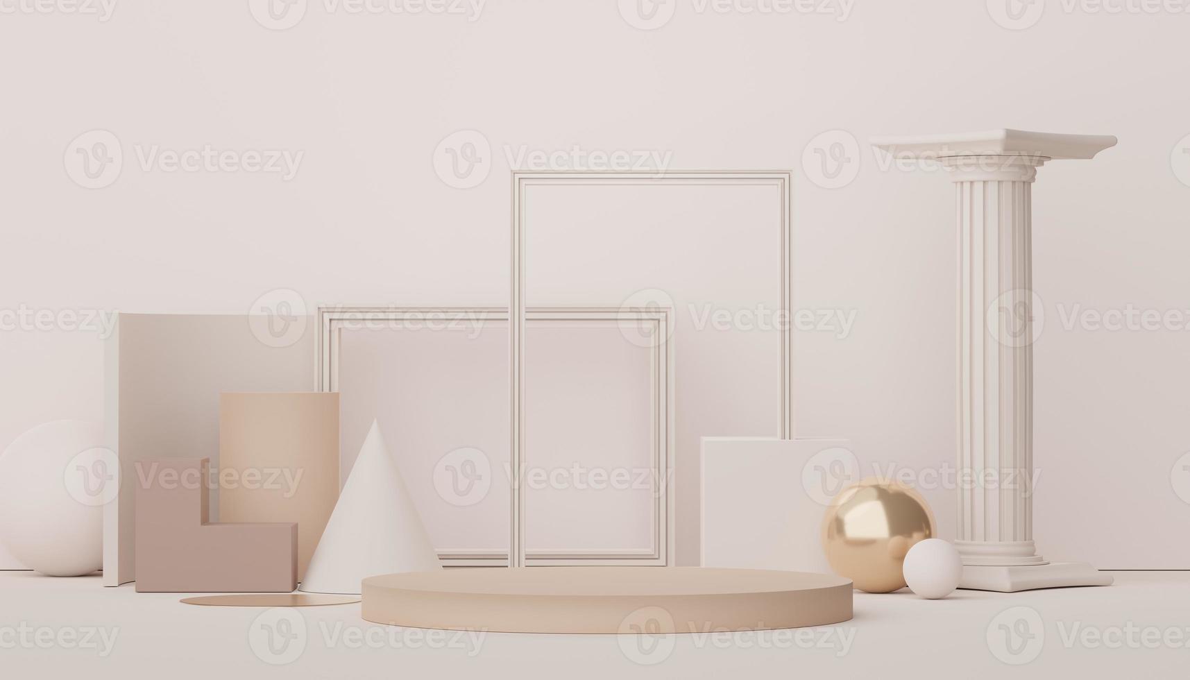 Podium for product placement with Retro modern and contemporary design. 3d rendering minimal scene for mock up and showing brand. Pedestal platform for cosmetic advertise. Various of arch simple. photo