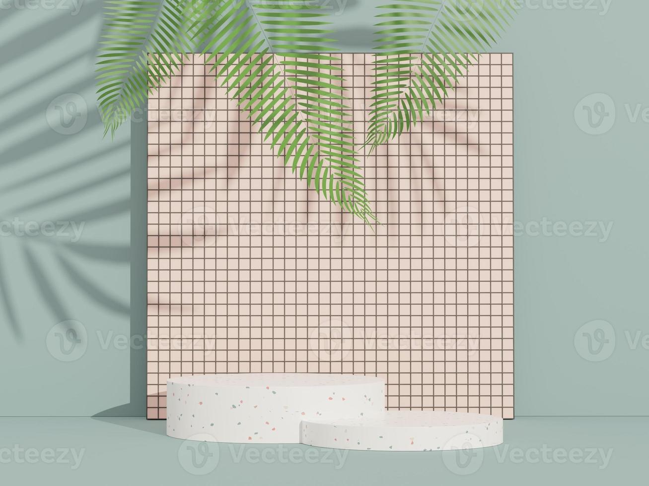 3d render of abstract pedestal podium display with terrazzo and shadow of leaves. Scene for present product promotion and beauty cosmetics. photo